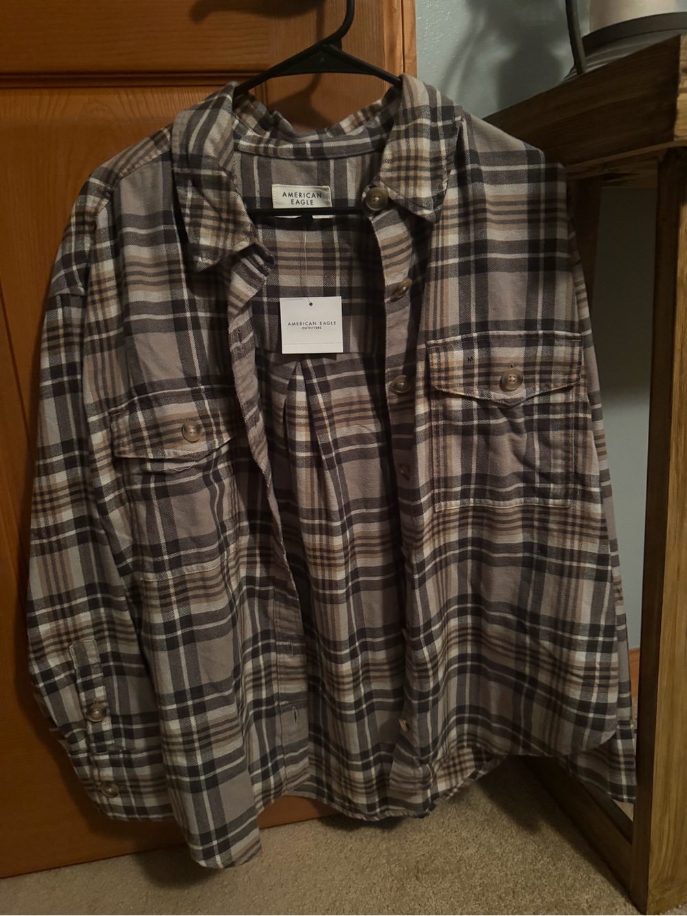 American Eagle Brown, Cream & Black Plaid Shirt Jacket